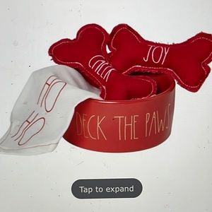 RAE DUNN 3pc Deck The Paws Pet Set, Ceramic Bowl, Bandana, Squeaker Toys NEW